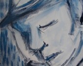 Acrylic Portrait Painting Man Sleeping in Train Rain 12x16 by Mary Gaspar