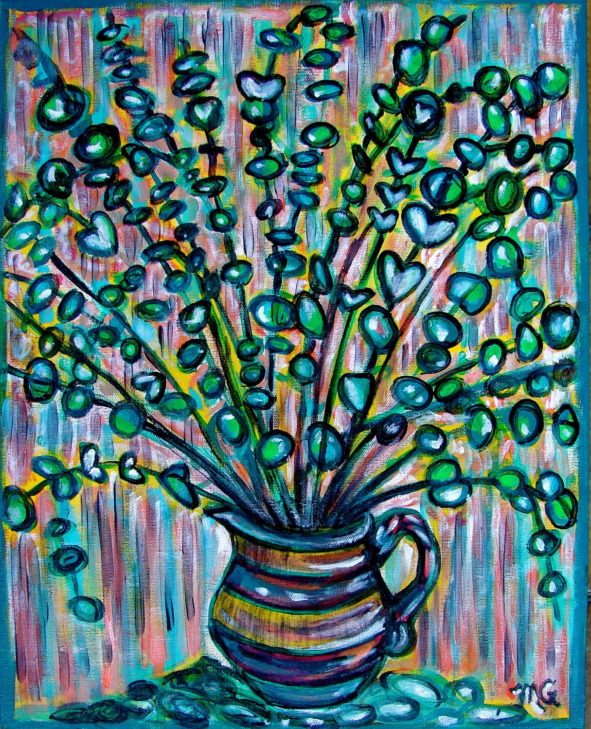 Original Acrylic Painting Abstract Modern Art Flowering Heart Eucalyptus Leaves 16 x 20 by Mary Gaspar