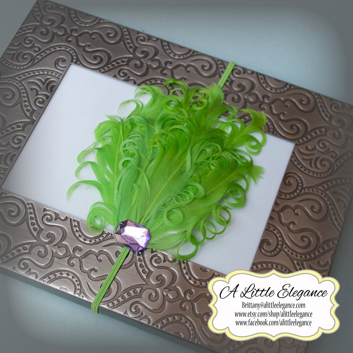 Gorgeous bright green Nagorie feathers on a coordinating skinny headband w/lavendar jeweled accent