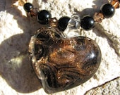 Black Gold Necklace Glittering Glass Heart Pendant with Topaz Swarovski Crystals, Metal, and Black Beads