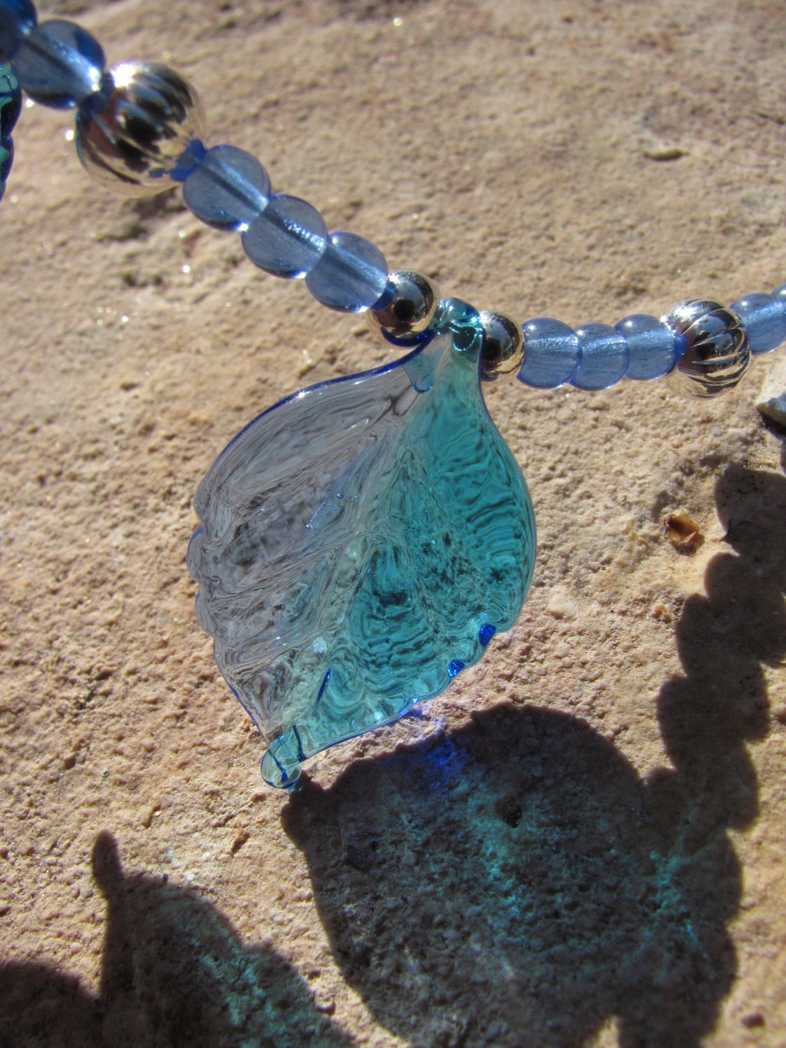 Frozen Leaf Necklace Watery Blue Glass Leaves and Sterling Silver Beads