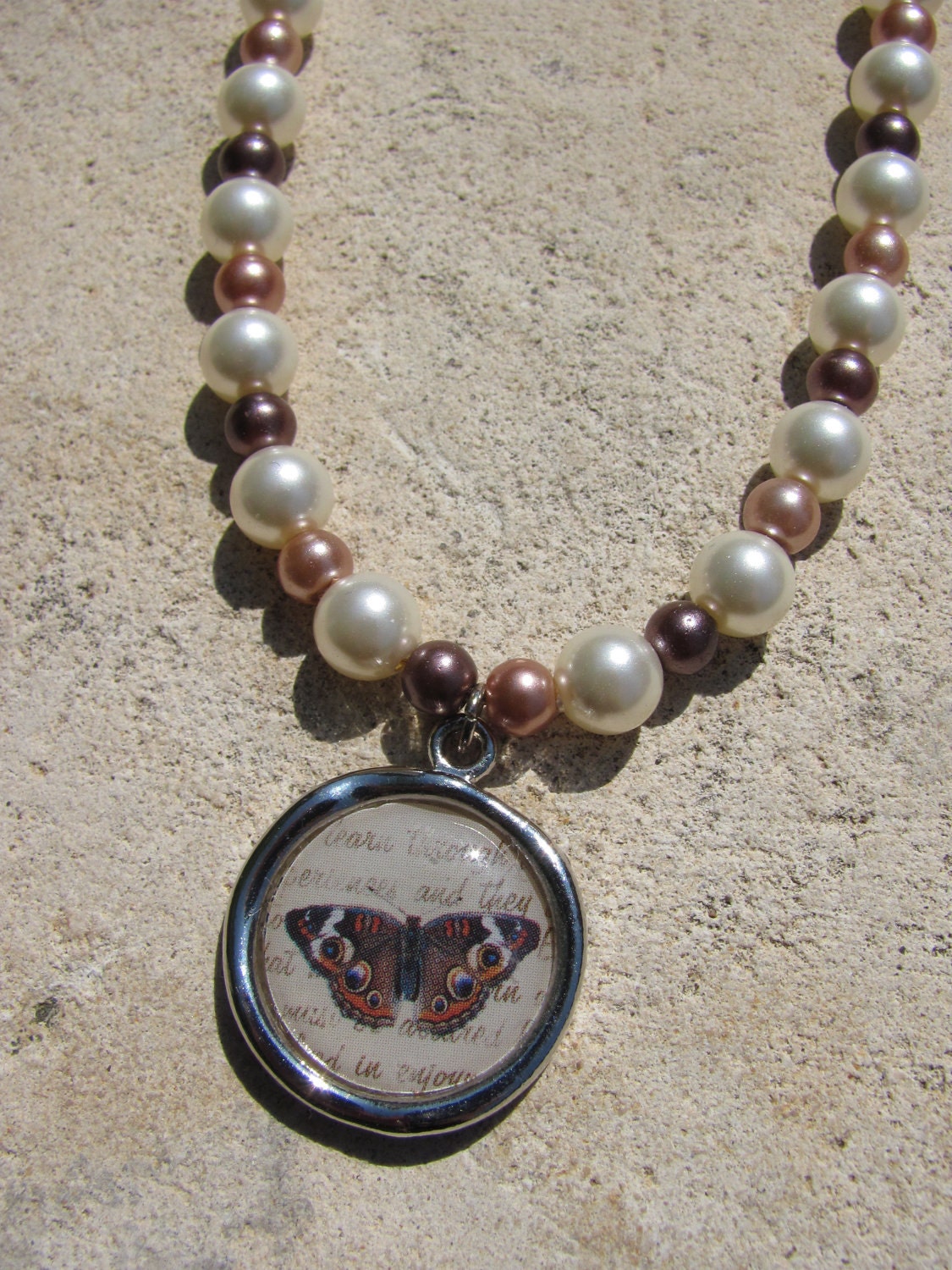 Ohio Butterfly Necklace Buckeye Letter Pendant on Cream, Cocoa, and Champagne Glass Pearls