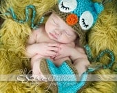 Sleepy Owl Baby Hat Blue and Mocha