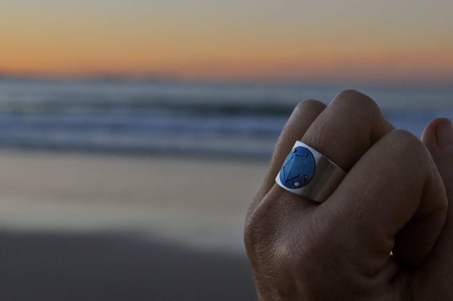 Libra Zodiac Constellation Titanium and Silver Unisex Ring - Star Map Design