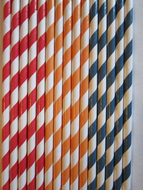 24 Red Orange Navy Blue Striped Retro Vintage Paper Drinking Straw Il_570xn