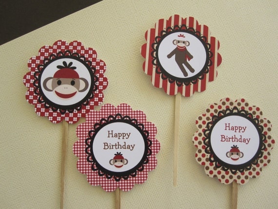 12 Red & Brown Sock Monkey Cupcake Toppers Il_570xn