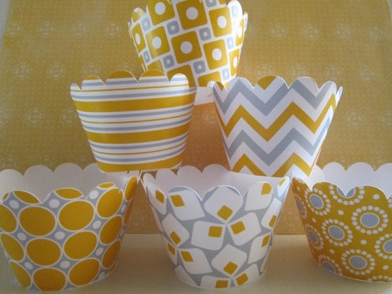 24 Mini Yellow & Gray Cupcake Wrappers Il_570xn