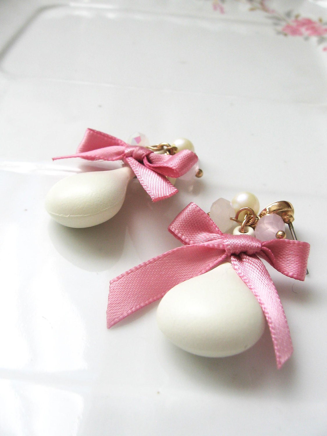 White drop earrings- white matte bead- pink bow- bride earrings