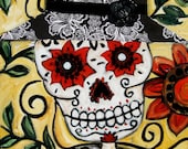 Skeleton in hat- day of the dead giclee print of original mixed media painting