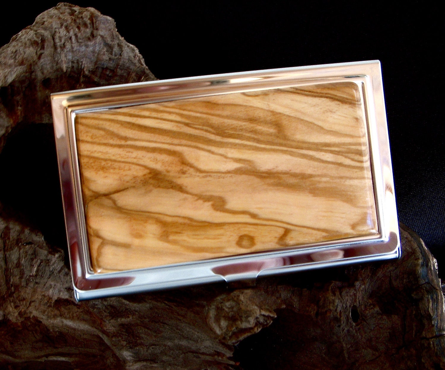 OLIVE Wood Burl - Business Card Case ID/Card Holder Stainless Steel -- Great Gift - FREE Engraving