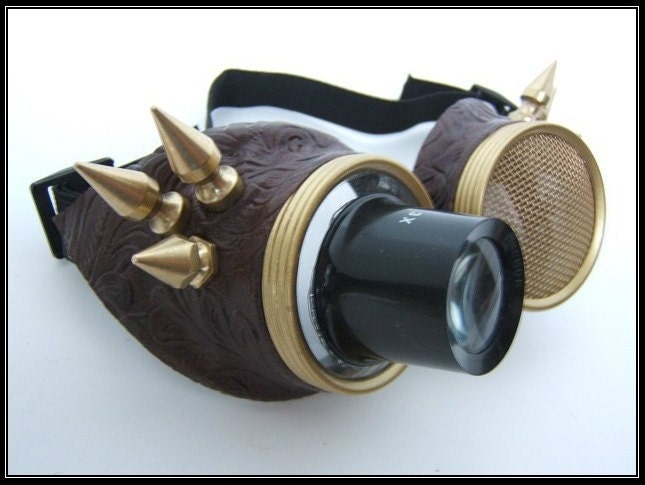 Hive Steampunk AirPirate Goggles - Brass Spikes Wasp Eye lens with loupe