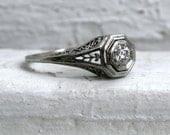 RESERVED - Pretty Vintage 18K White Gold Diamond Filigree Engagement Ring