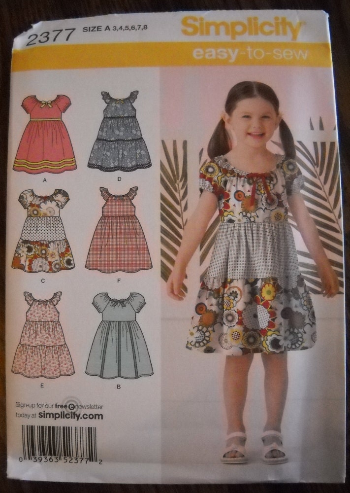 Peasant Style Girls Dress Pattern Tiered Dress -- Sizes 3, 4, 5, 6, 7, 8 -- Simplicity 2377 or Simplicity 0351
