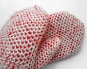 Hand Knitted Mittens - White and Red, Size Small