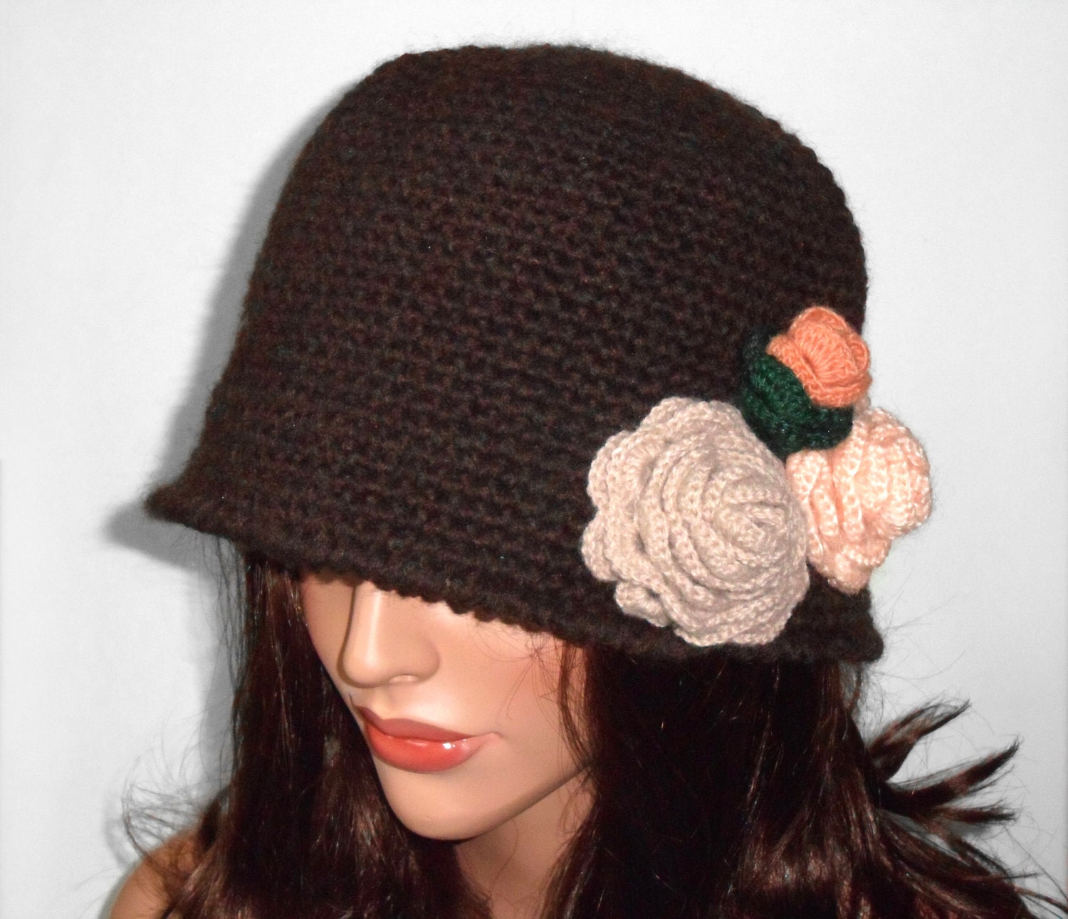 Crochet Cloche Hat with 3 Crochet Flowers - Chocolate Brown - UnlimitedCraftworks Crochet Cloche Hat with 3 Crochet Flowers - Chocolate Brown - UnlimitedCraftworks