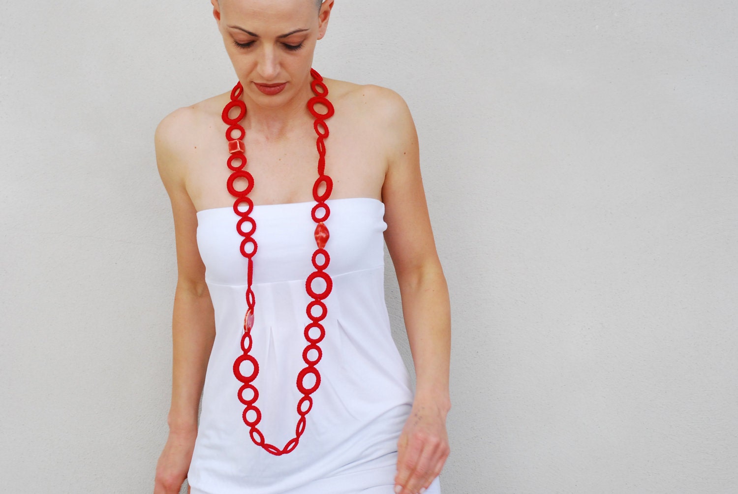 ON SALE Red cotton necklace crochet / Fiber Art Necklace ceramic beads / Textile jewelry spring summer / Italian fashion jewelry