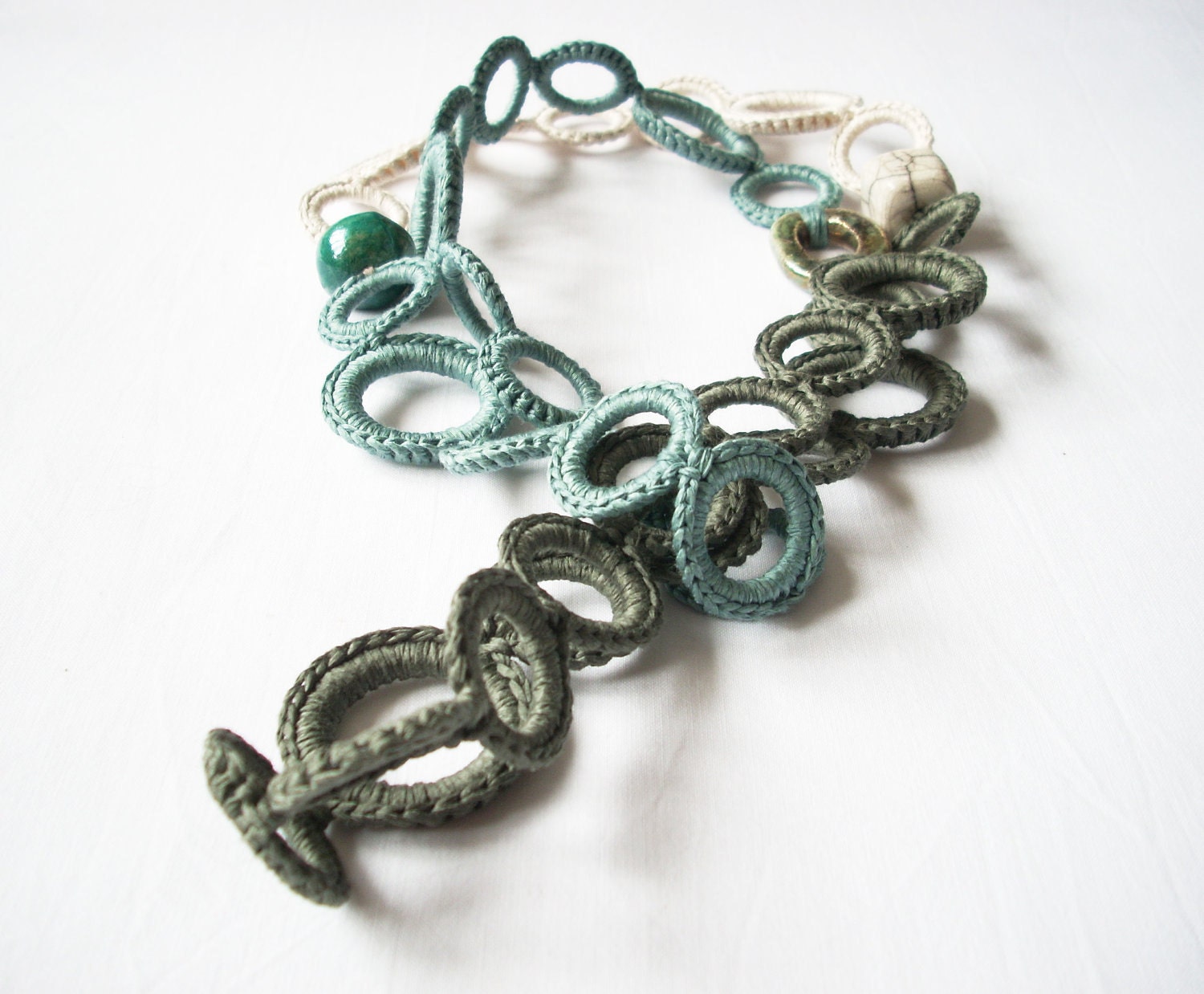 Spring fiber necklace dusk blue, white, olive / Statement cotton necklace / Textile jewelry / Italian fashion unique / Gift for her