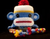 Boy Sock Monkey Baby Hat, Crochet Red Blue and Yellow Baby Hat, Photo Prop