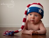 4th of July Baby Pixie Hat, Crochet Red White and Blue Stars Hat, Newborn Photo Prop, Patriotic American Flag Hat
