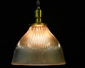 One of Ten Frosted Holophane Shade Pendant on Twisted Cotton Cord Hung with Vintage Socket.