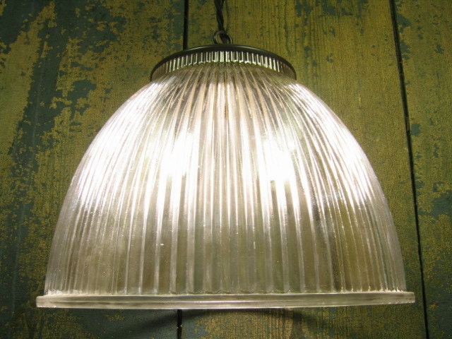 One of Ten Large 12" Vintage Clear Holophane Shade Pendant on Steel Cable with Braided Cloth Cord