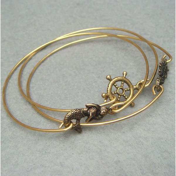 Mermaid Helm and Seahorse Brass Bangle 3 Bracelet Set