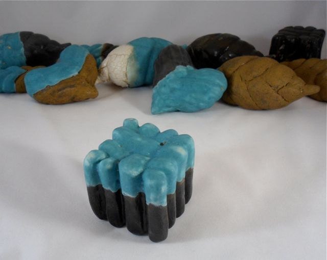 Aqua Turquoise Gun Metal Black Box Cube Decor Ornament Herring Bone Accent Ceramic Sculpture