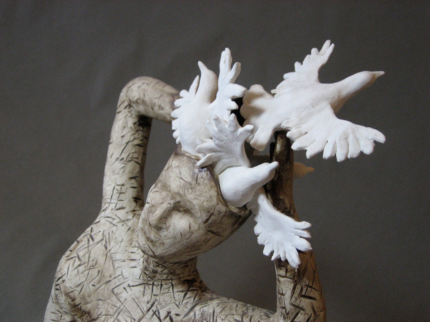 Woman Female Swirling White Birds Doves Flying Flight Ceramic Sculpture "Bird Lady"