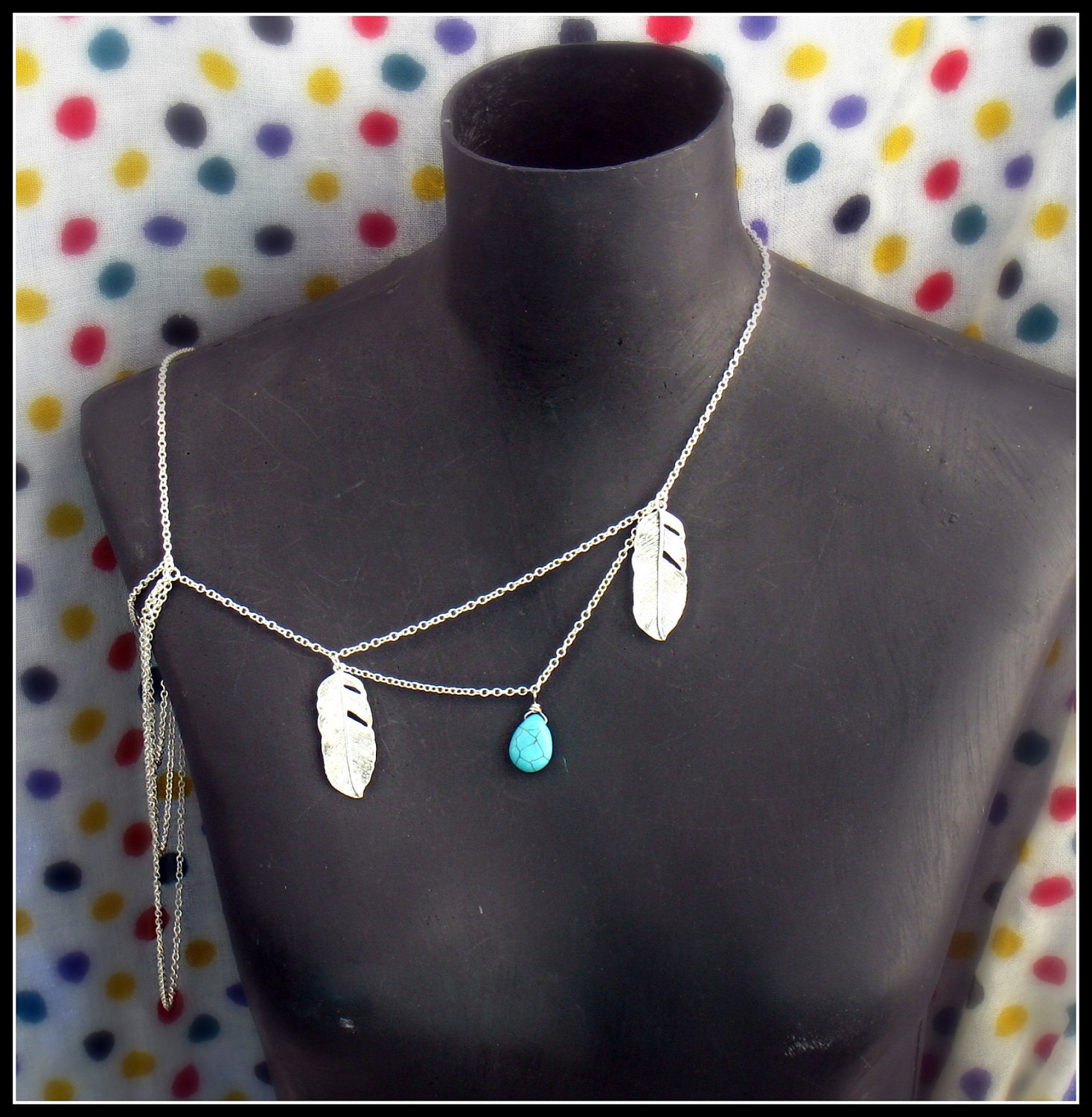 silver feather body chain, tribal necklace, turquoise necklace, feather necklace, bird necklace
