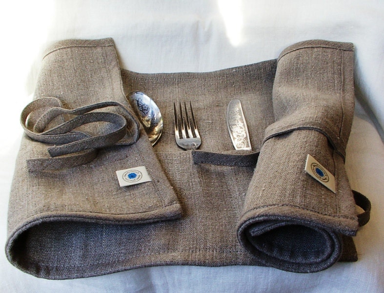 Cutlery Holder--Delicate Placemat--Cloth Flatware Case Roll Wrap--Picnik Flatware Holder--Ecru Set of Two
