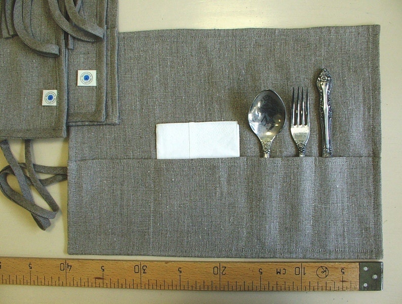 Cutlery Holder--Delicate Placemat--Cloth Flatware Case Roll Wrap--Picnik Flatware Holder--Ecru Set of Two