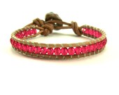 Fuschia Rose Single Leather Wrap Bracelet - Czech Glass on Natural Tan Leather - Chan Luu Style - MADE TO ORDER