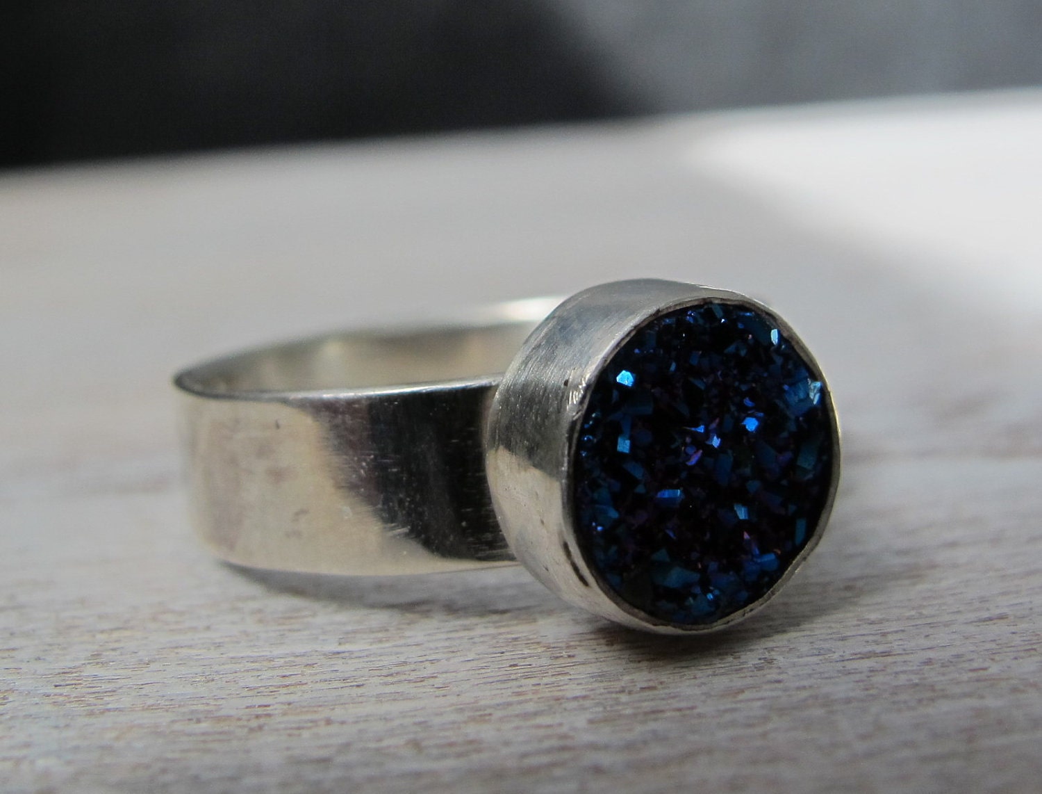 Blue Drusy Ring/Sterling Silver Ring with round blue drusy/druzy stone