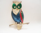 Vintage Owl Brooch Pin Enamel w Clear Rhinestones