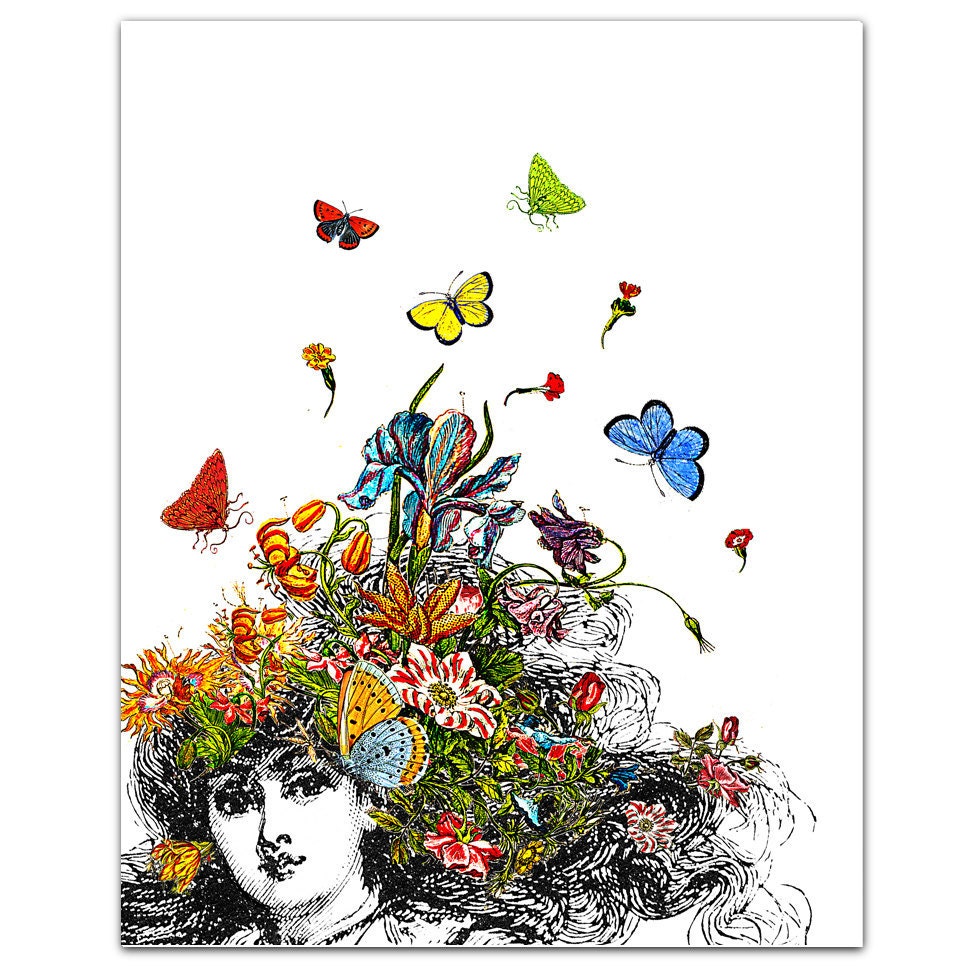 Girl with Buterflies and Flowers - ART Print 8" x 10"