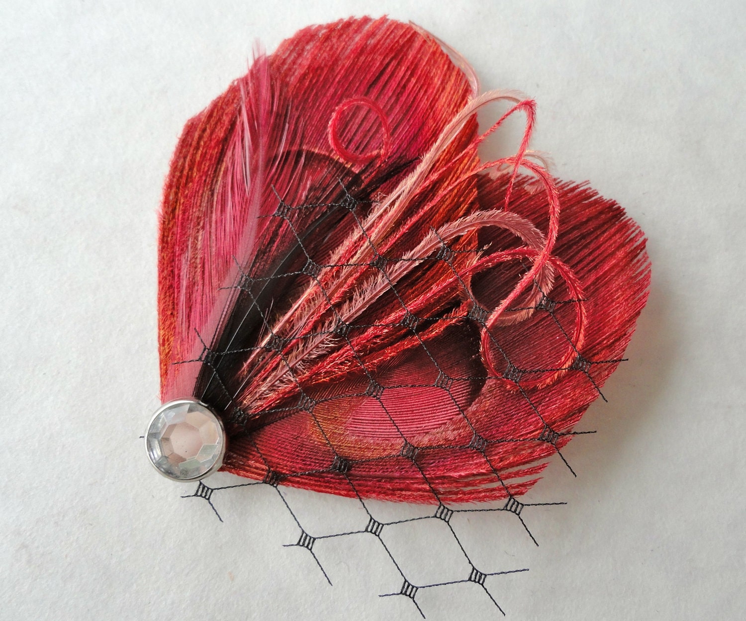 TASHA in Burgundy Red and Black Peacock Feather Hair Clip, Fascinator