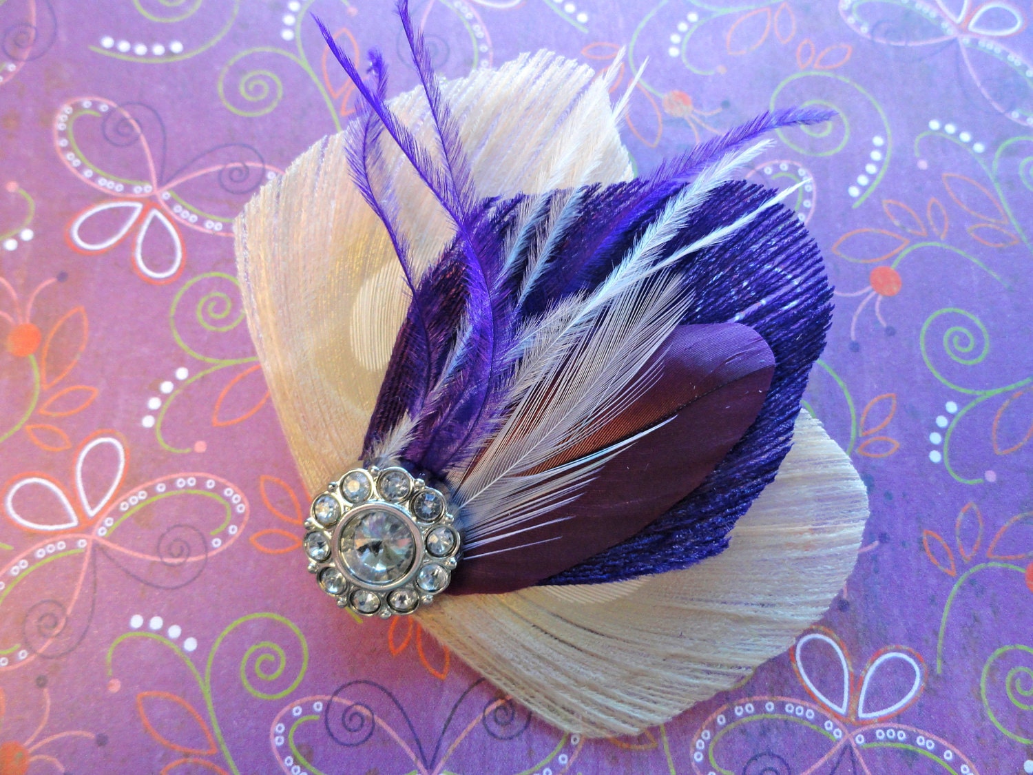 ASHLEY in Purple and Ivory Peacock Feather Hair Clip, Fascinator