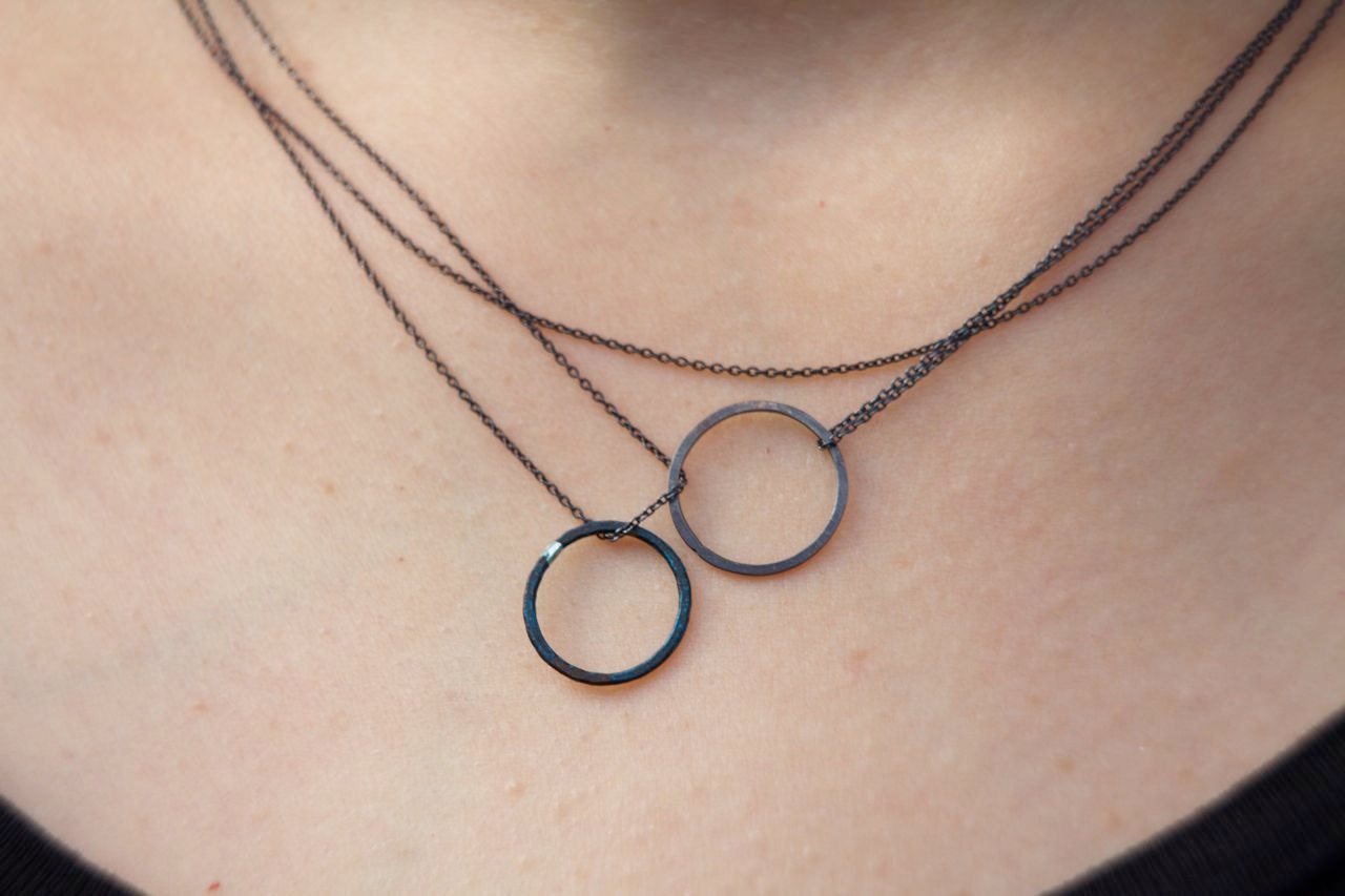 Two circles necklace: oxidized sterling silver and blue copper circles - modern jewelry