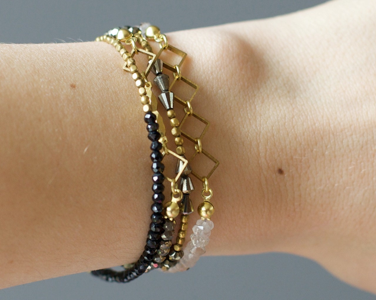 Three stackable bracelets: Brass & beads collection