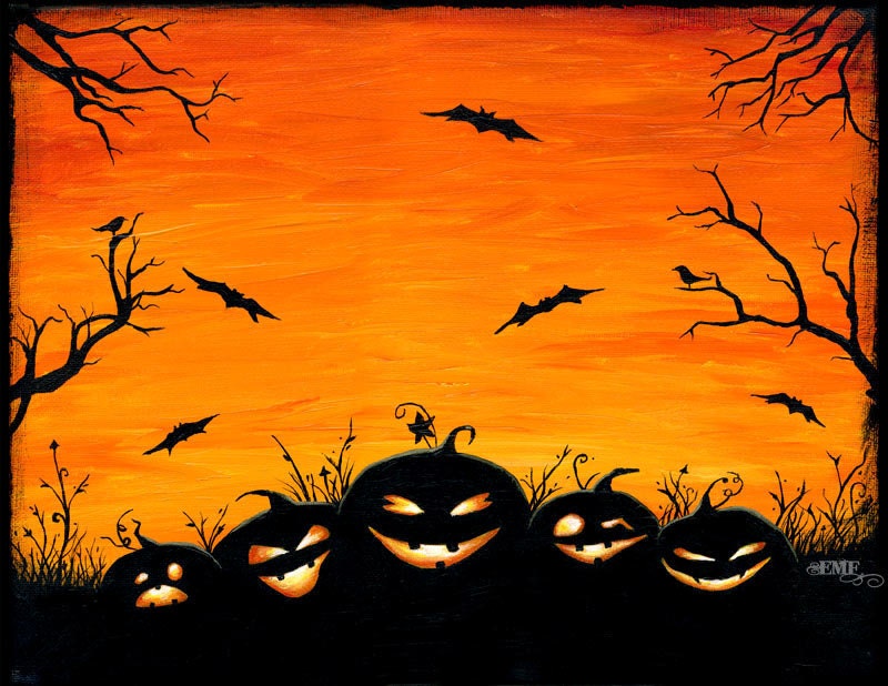 Halloween art, "Watchers in the Woods" pumpkin digital art print - onelizziemonster