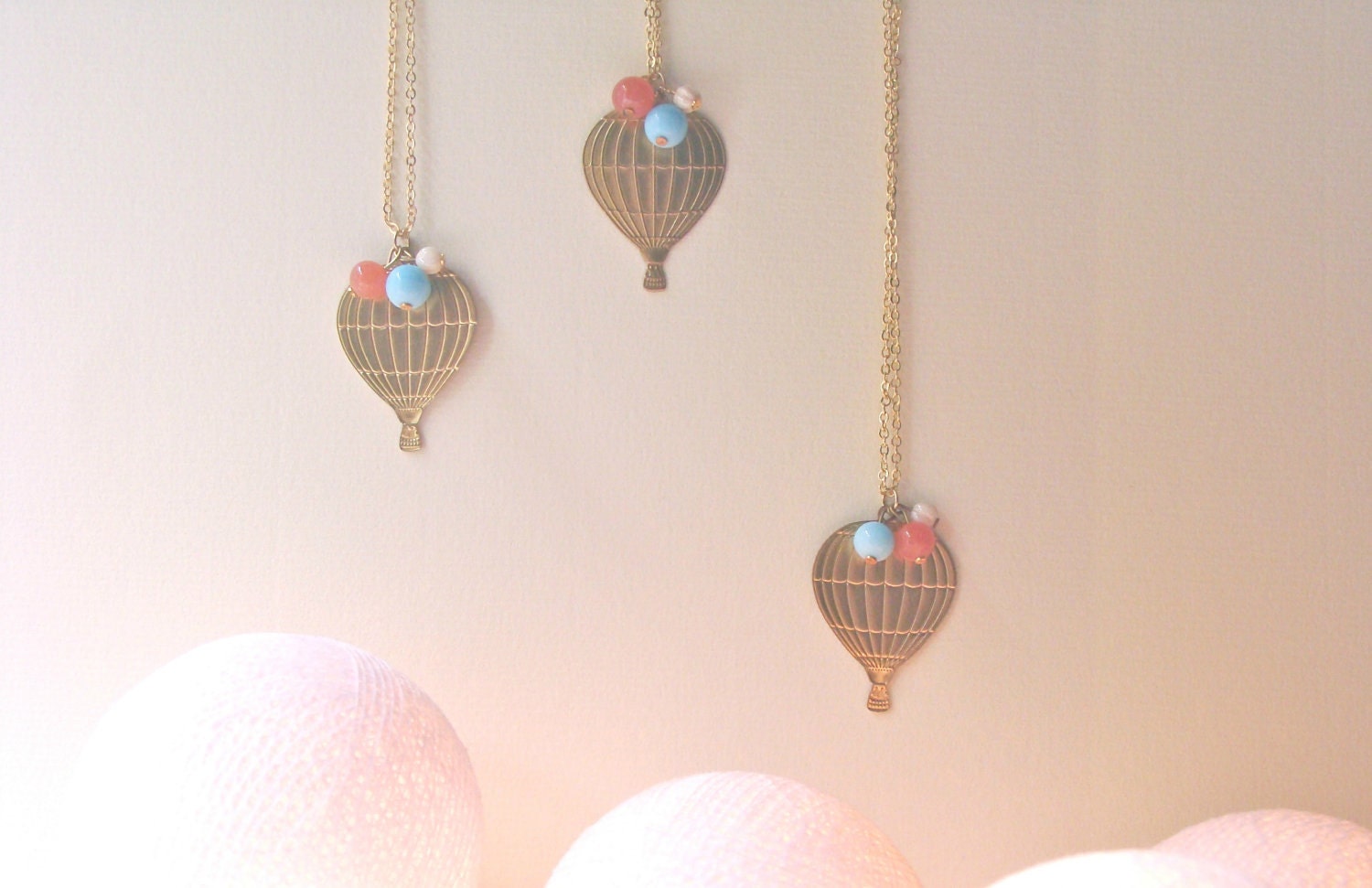 Hot air golden necklace with glass beads, fair style, romantic, summer jewelry