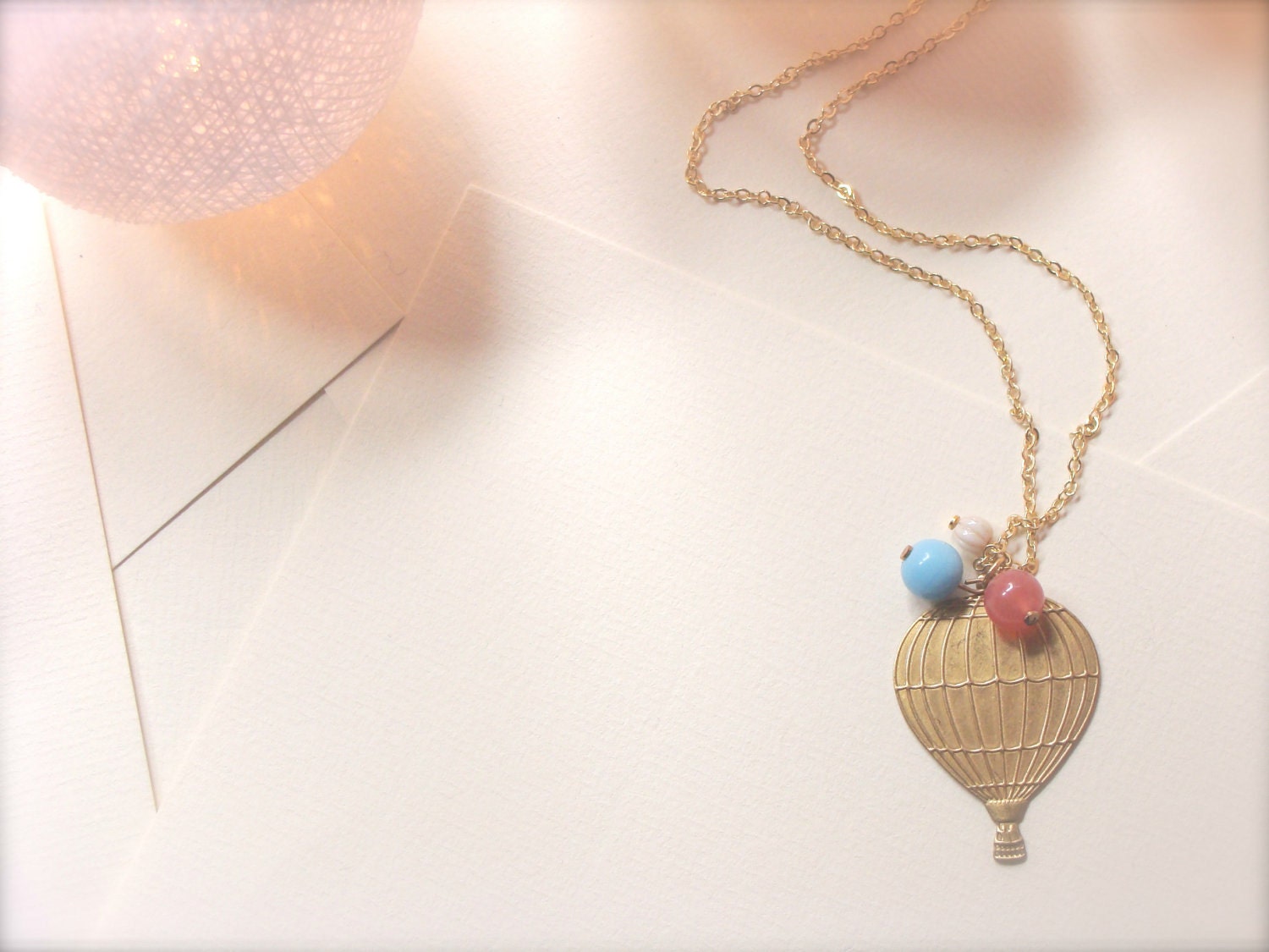 Hot air golden necklace with glass beads, fair style, romantic, summer jewelry