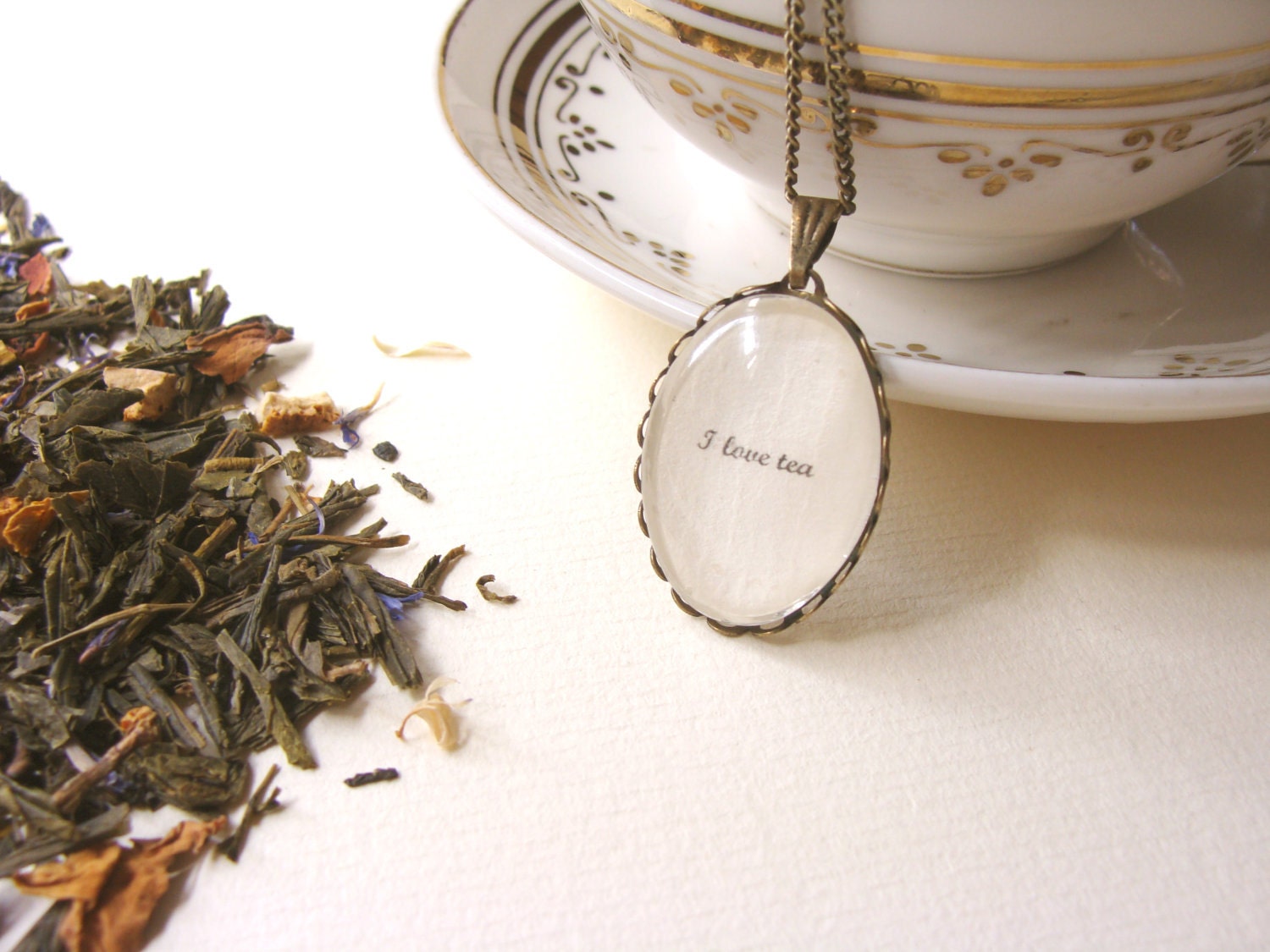 Tea necklace for tea lovers I LOVE TEA glass cabochon secret message necklace