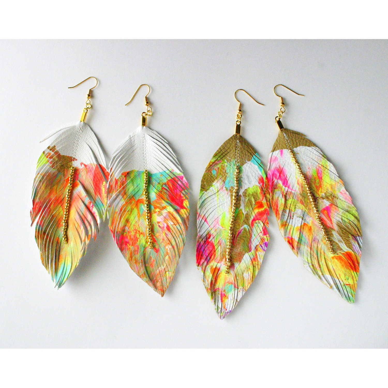 Painters Palette - Faux Leather Feather Earrings- Tan/Nude or White