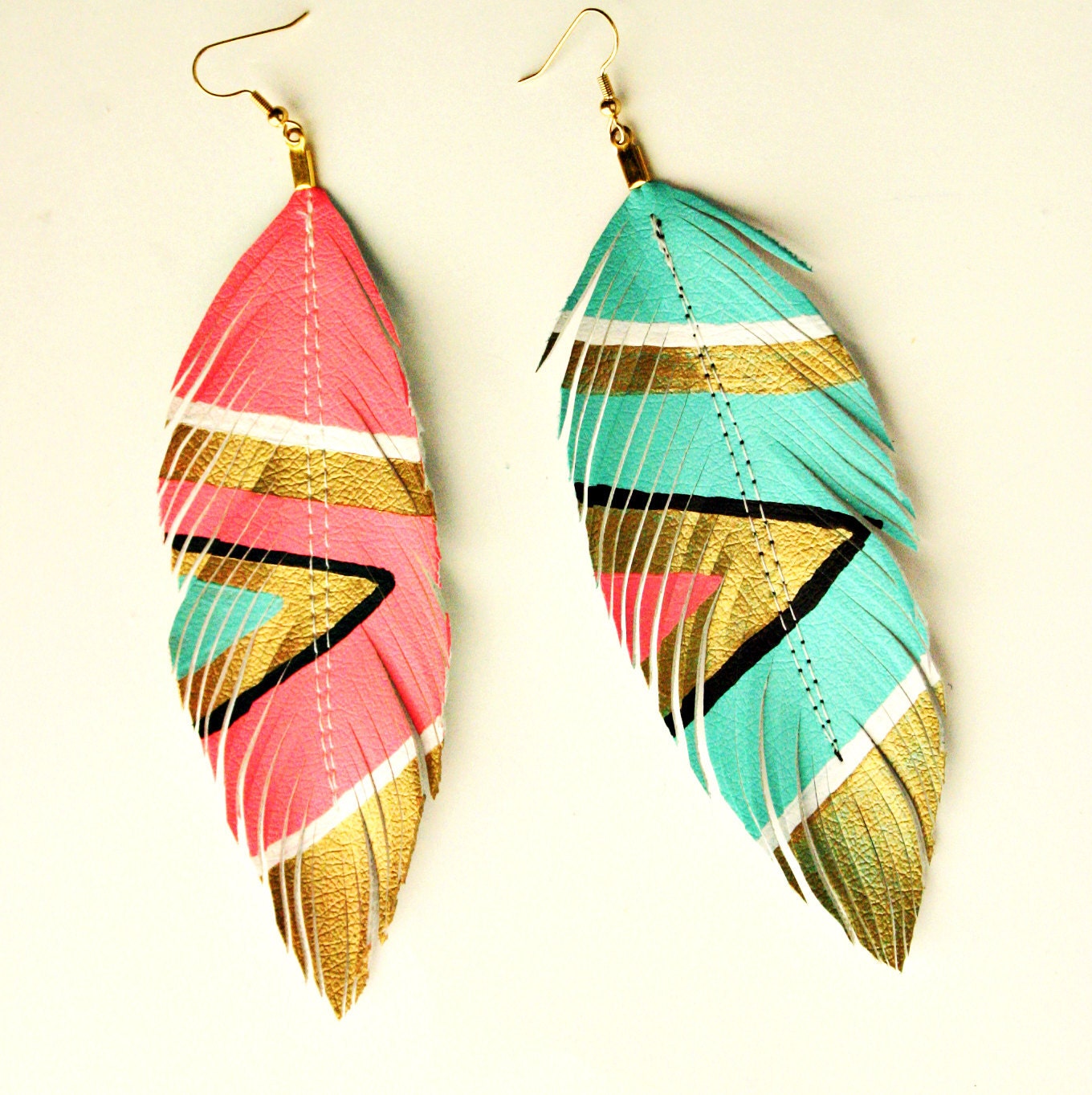 Neon Aztec - 4.5 inch - Faux Leather Feather Earrings - Electric Pink and Blue - FREE SHIP