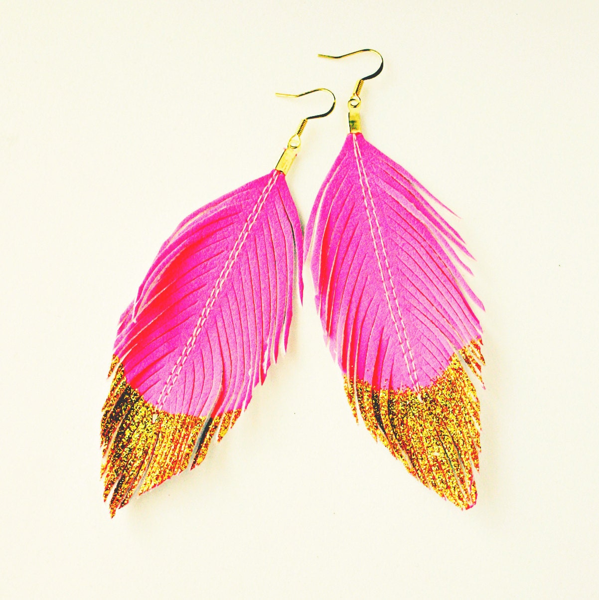 Featured In BUST Magazine -- Neon Pink Gold Glitter Dipped - Faux Leather Feather Earrings - Surgical Steel Available
