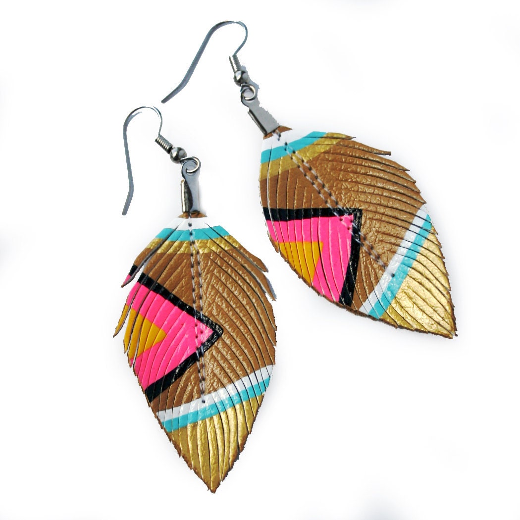 Neon Aztec - Nude Neons - 3 inch - Faux Leather Feather Earrings - FREE SHIP