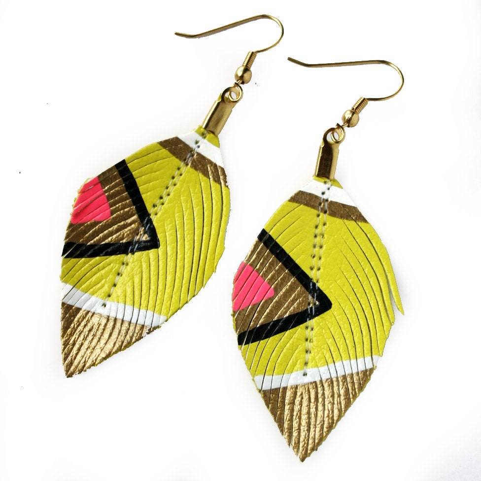 Neon Aztec - Butter Yellow - 3 inch - Faux Leather Feather Earrings