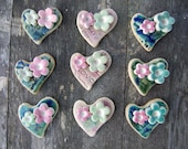 SALE Ceramic heart brooch mint and pink flowers on crackle blue or pink glaze pastels