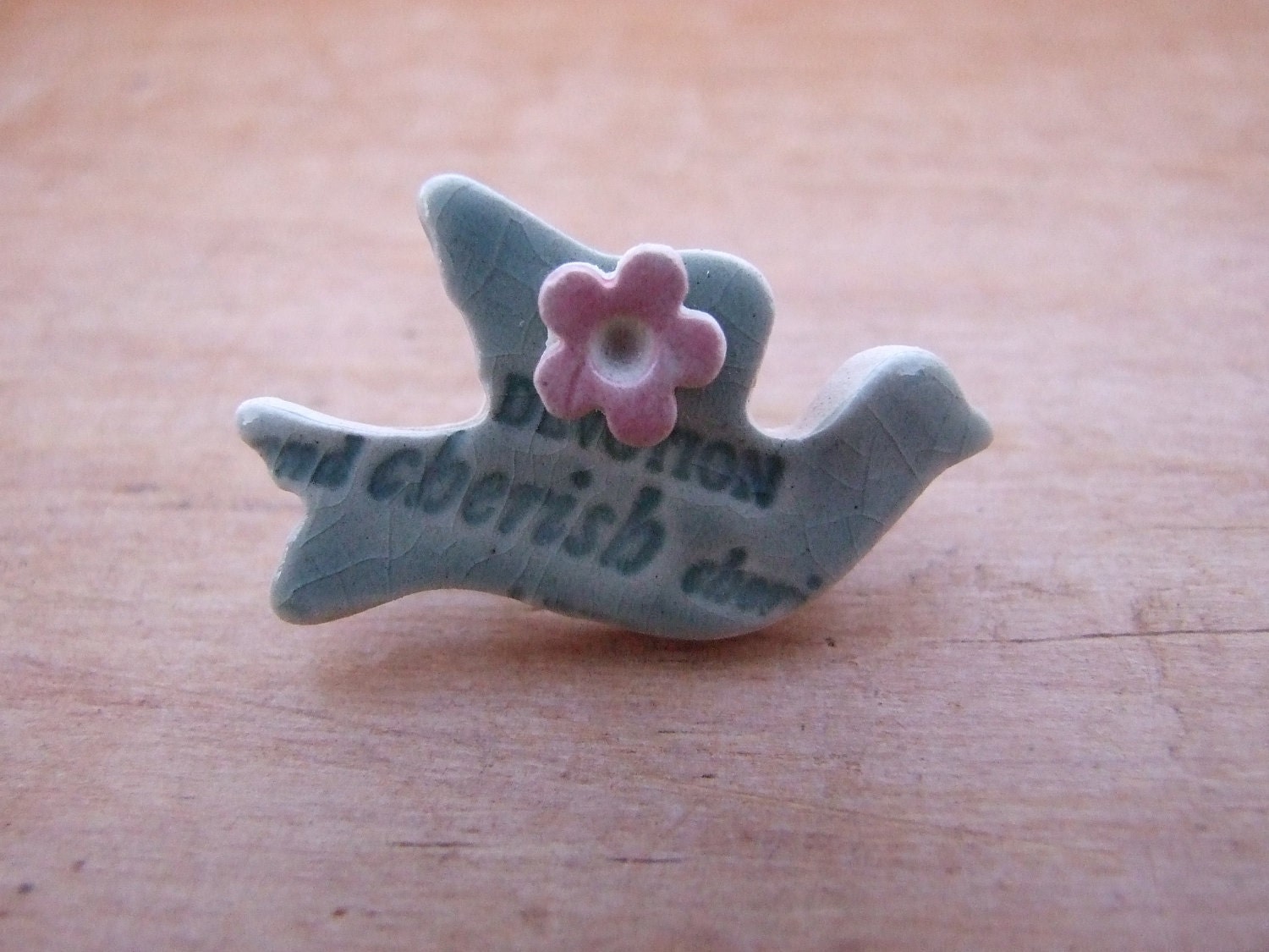 SALE Dove brooch soft green grey celadon pastel colours pink flower love words grey jade